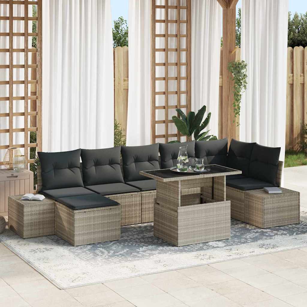 Garten-Sofa-Set mit Speicher 8 pcs Hellgrau Poly Rattan